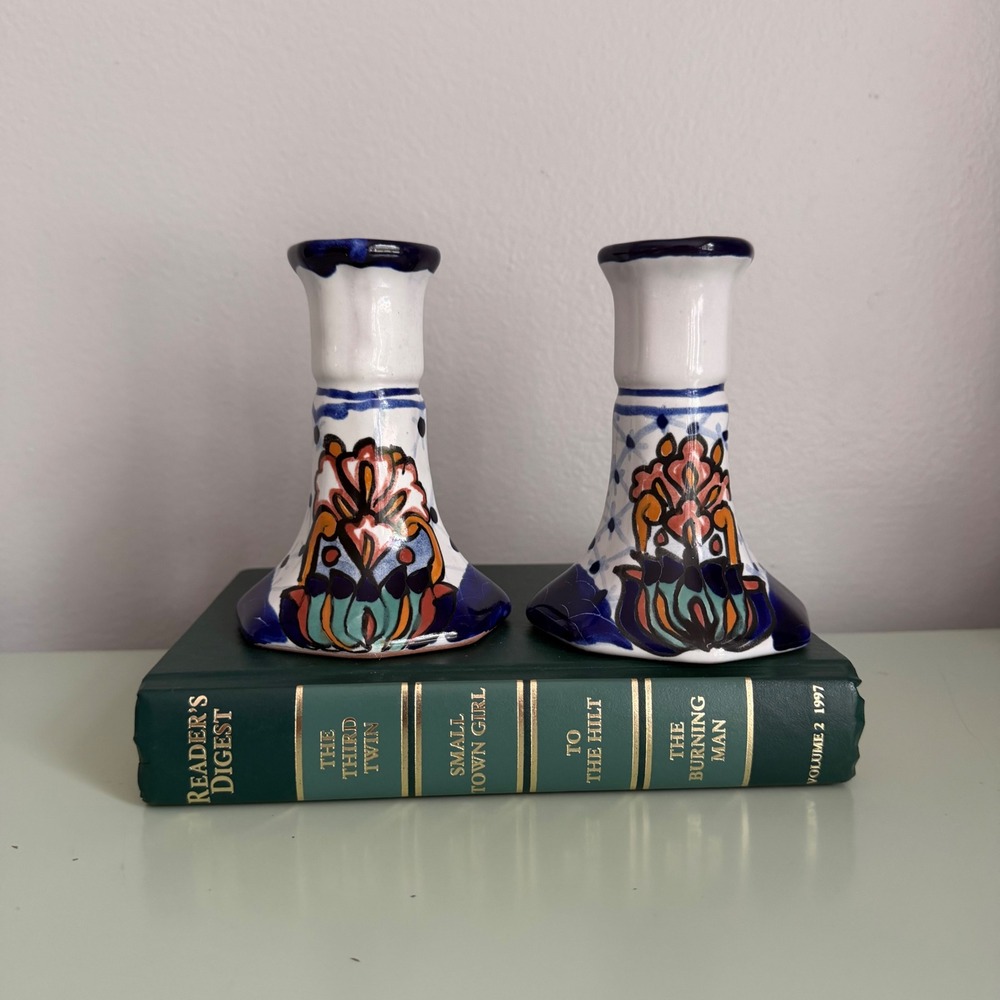 Talavera Mexican Pottery Candlestick Holders Hand Painted Floral Ceramic (2) - Picture 8 of 8